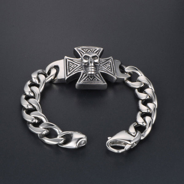 Stainless Steel Biker Bracelet with Skull and Cross - 570002