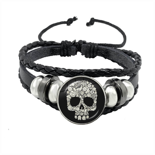 Skull Bracelet Floral Mexican Skull (Leather)