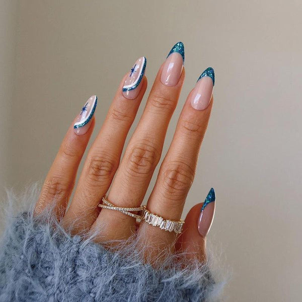 [AUTUMN SALE] Blue Glittering French with Stars Minimalist Long Press-On Nails