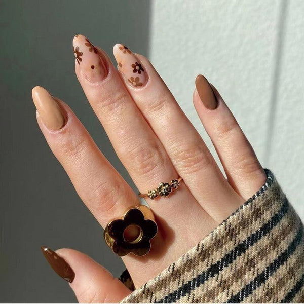 [AUTUMN SALE] Caramel Brown Boho Floral Long Press-On Nails