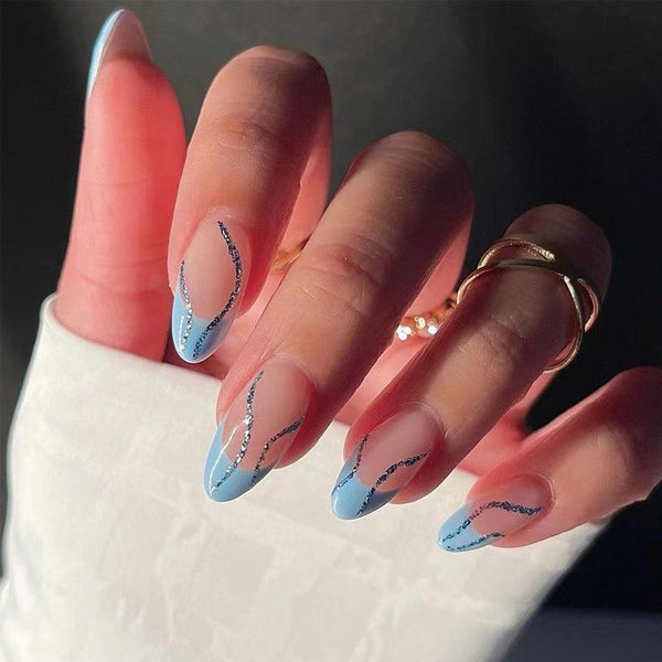 [AUTUMN SALE] Glittering Blue French Style Long Press On Nails