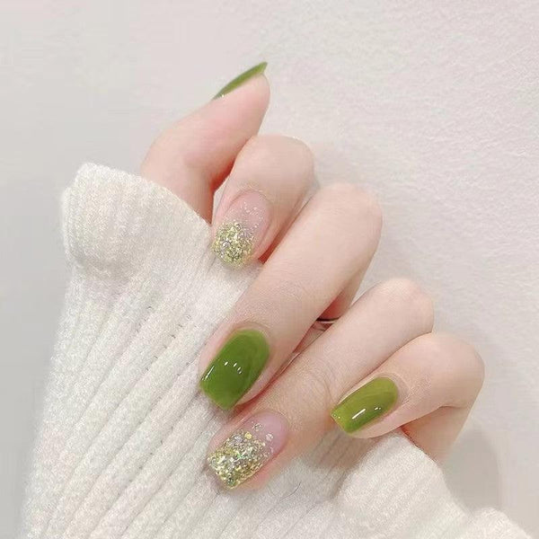 [2024  SALE] Jelly Grass Green with Glittering Ombre Medium Press-On Nails