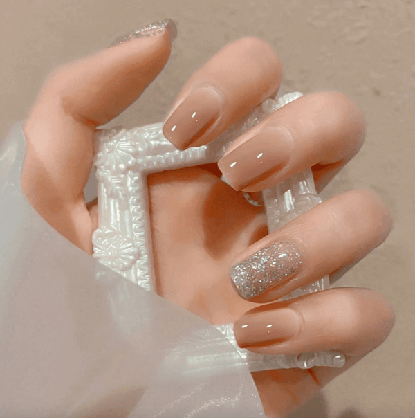 [2024  SALE] Milktea Jelly Pink with Silver Glitters Medium Rounded Square Press On Nails