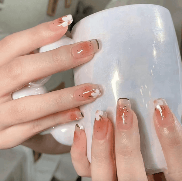 [2024  SALE] Peach Pink and Nude Ombre with Gold Glitter and Painted Flowers Medium Length Press On Nails