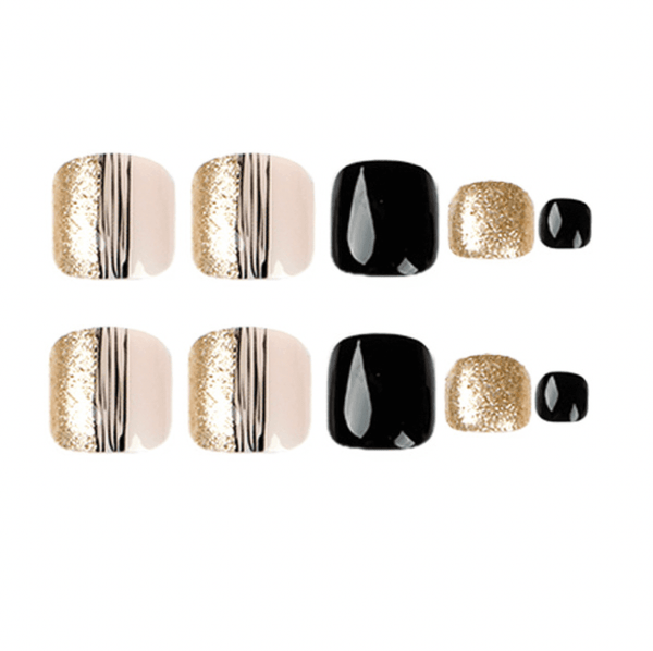 Black and Gold Shimmer Glitter Toe Nails Press On Nails