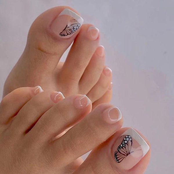 Butterfly French Style Toe Press On Nails