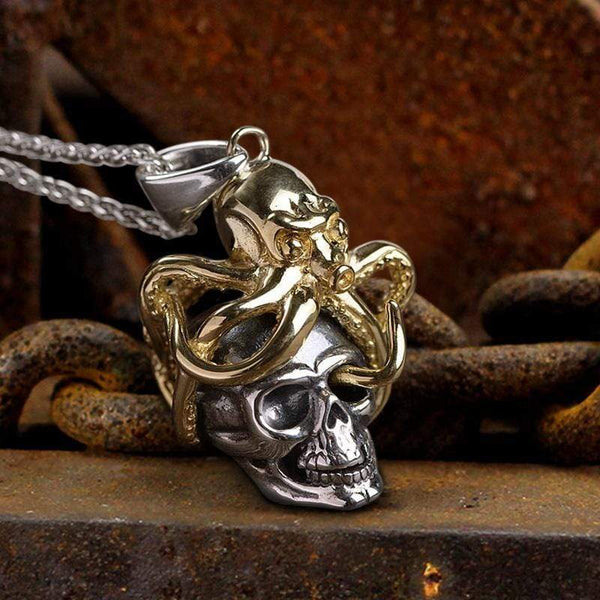 Brass Octopus Sterling Silver Skull Pendant